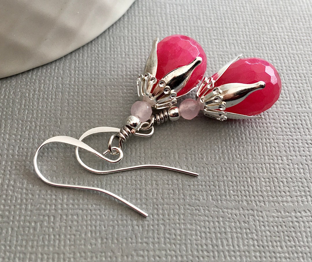 Deep Pink Jade and Rose Quartz Teardrop Earrings Pretty Boho Etsy