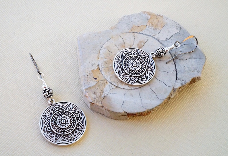 round silver shield earrings ethnic style earrings Tribal style silver earrings with choice of ear wires embossed coin charm earrings