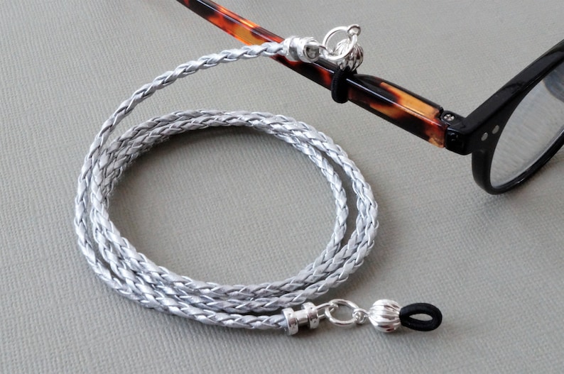 spectacle holder Silver braided faux leather cord glasses chain silver PU artificial leather vegan sunglasses cord glasses accessory