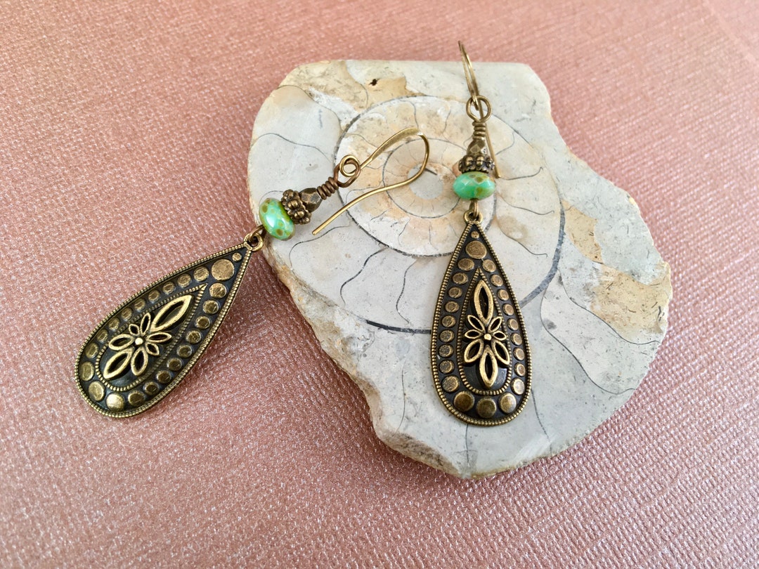 Boho Antique Bronze Teardrop Earrings With Czech Glass Beads, Long