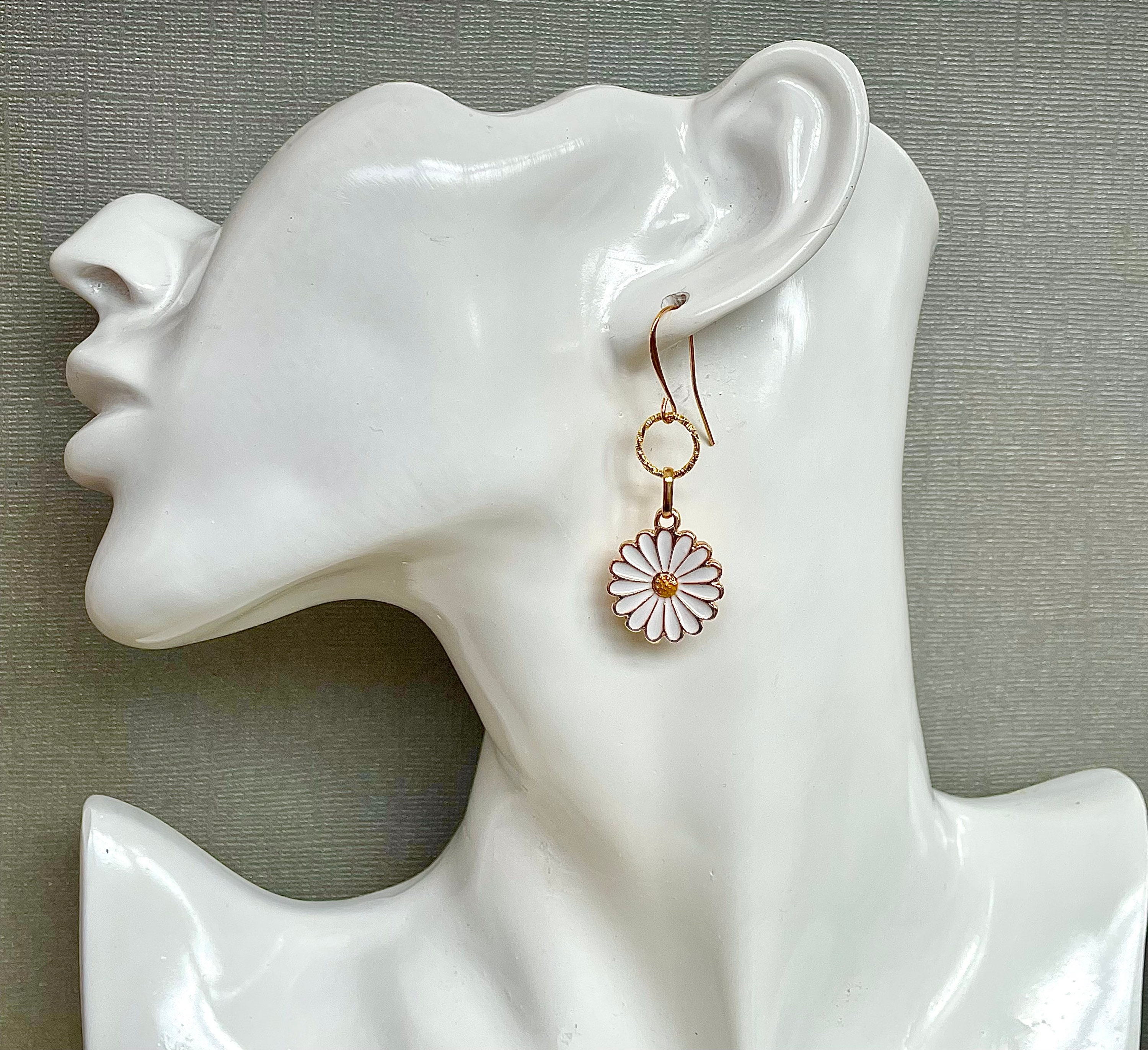 Jewellery Earrings Cluster Earrings gold finish enamelled daisy chain earrings Daisy earrings pretty yellow and white summer floral earrings long lightweight earrings 