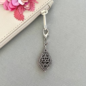 Filigree teardrop zipper charm, small zip pull charm, pretty silver charm for clothes bag purse journal back pack diary, small bag accessory