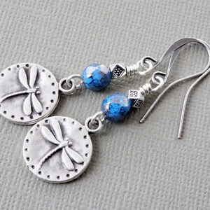 Matte silver dragonfly disc charm earrings with lustre finish opaque teal blue Czech glass bicone beads, blue and silver insect earrings