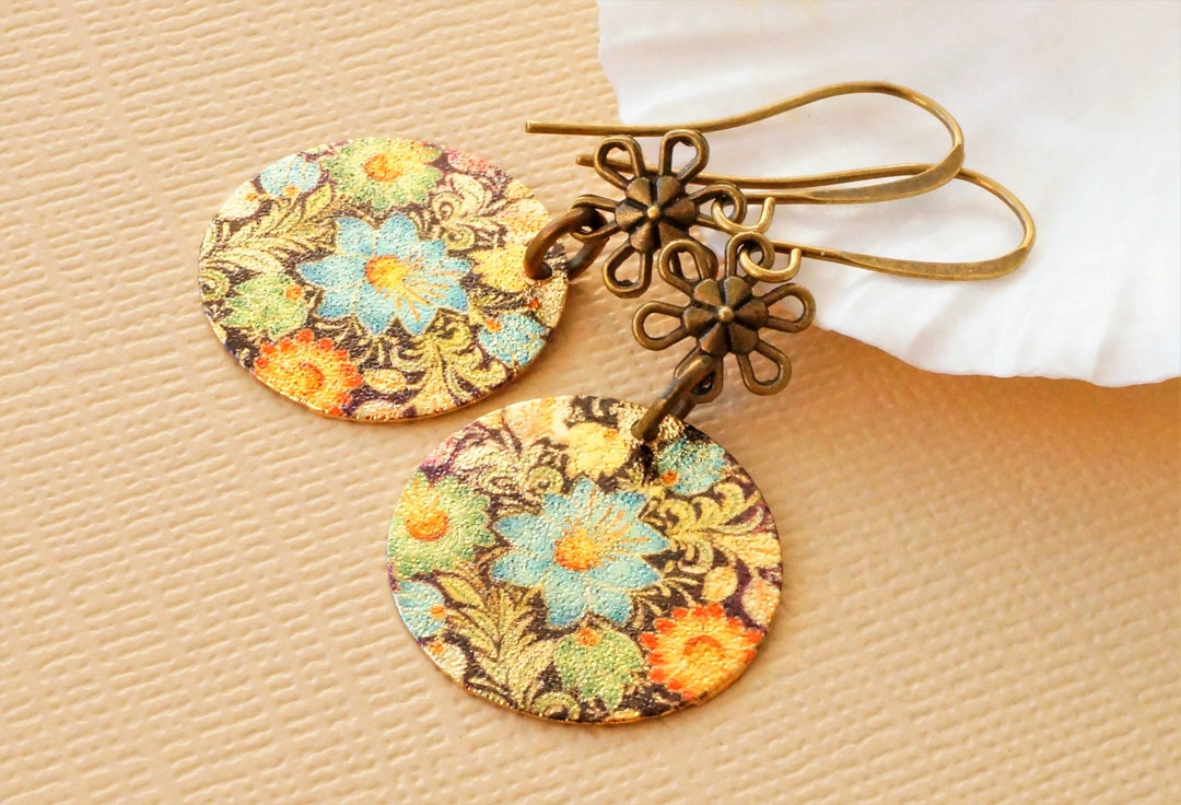 Flower Charm Earrings, Antique Bronze Colourful Floral Lightweight