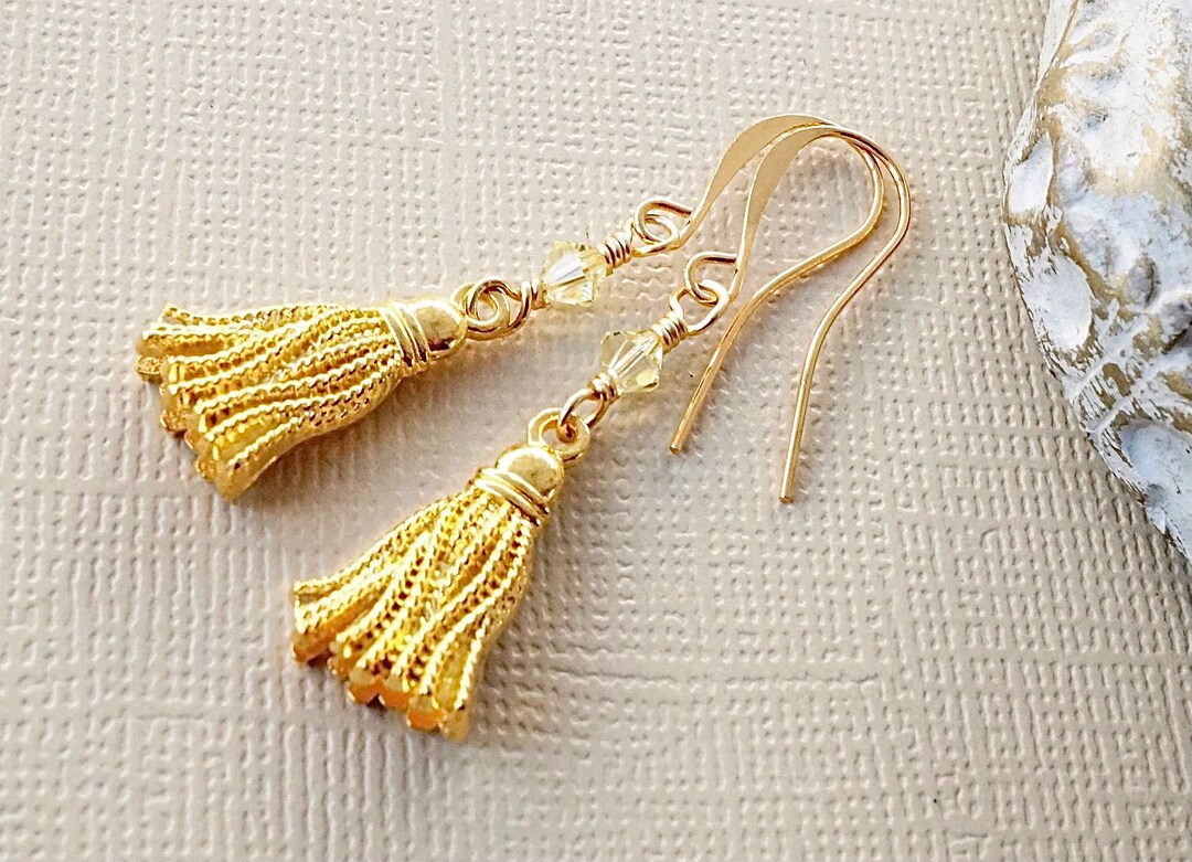 Gold Tassel Earrings With Premium Crystal, Lightweight Boho Metal