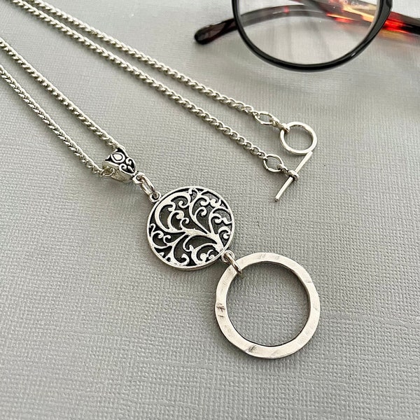 Silver glasses necklace chain, boho antique silver finish eyeglass loop, sunglasses accessory, modern pendant necklace, spectacle holder