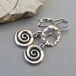 Silver spiral charm and hoop earrings with choice of ear wires, antique silver tribal style charm earrings, boho style charm earrings
