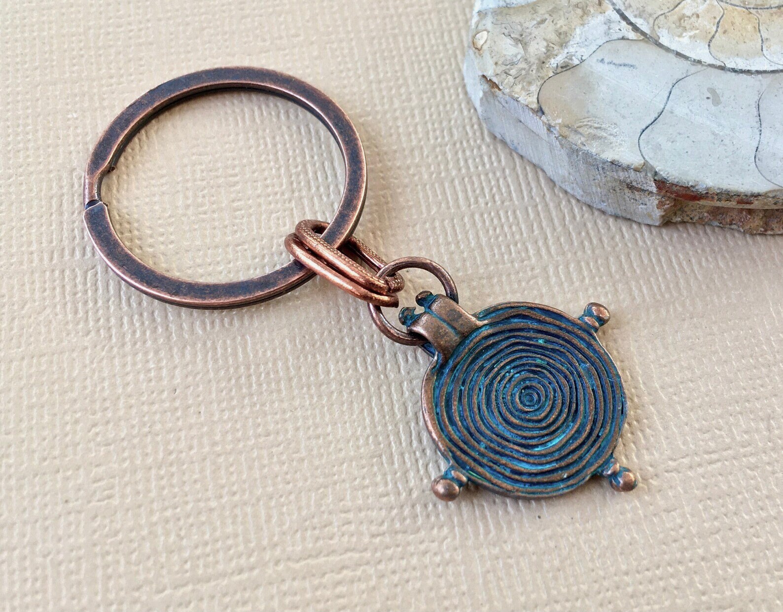 Antique Copper Verdigris Finish Keyring, Mandala Sun Design Patina ...
