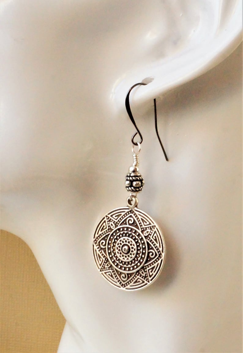 round silver shield earrings ethnic style earrings Tribal style silver earrings with choice of ear wires embossed coin charm earrings