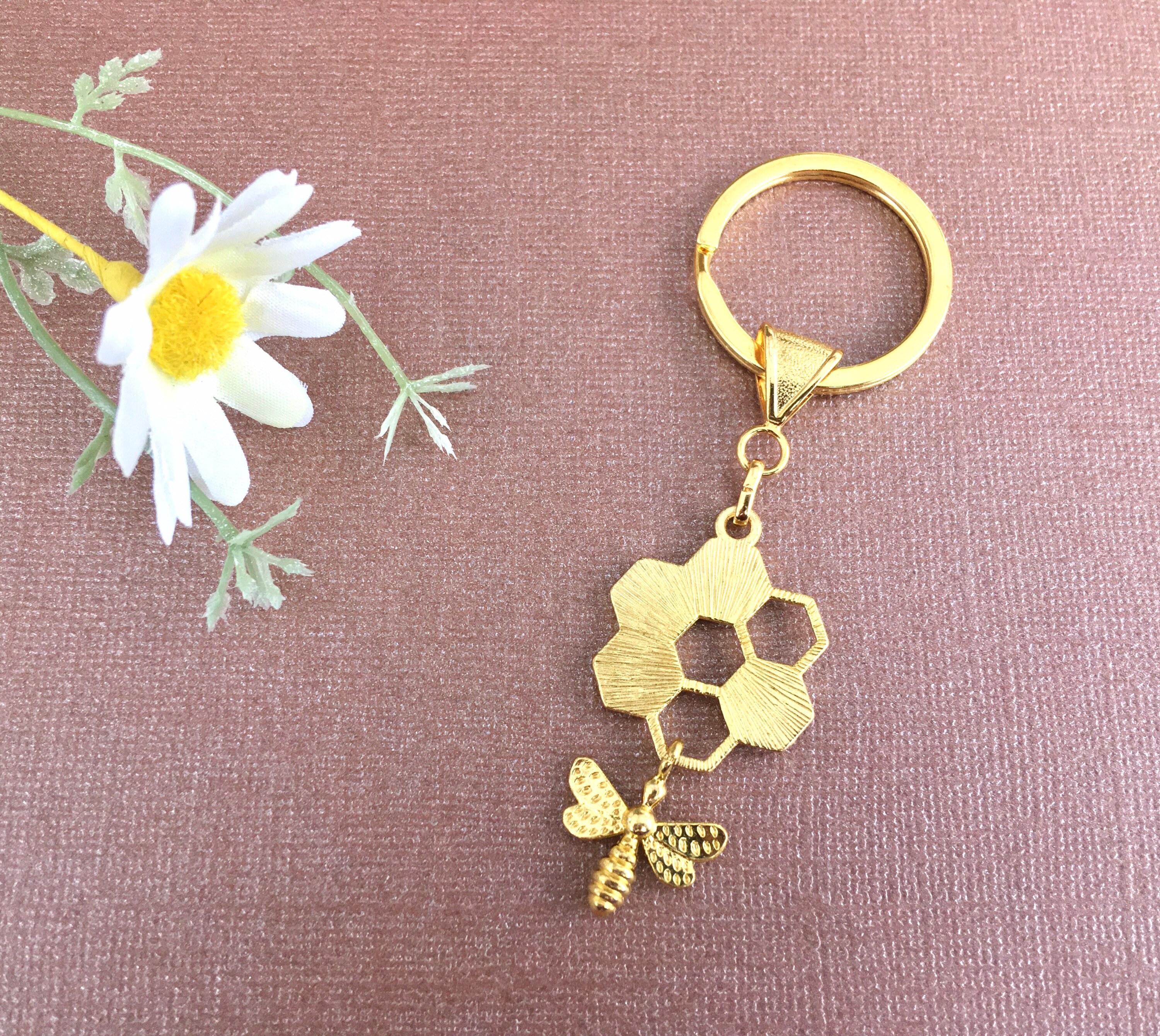 Honeycomb and Bee Gold Plated Key Ring, Honey Bee Keyring, Nature Key ...