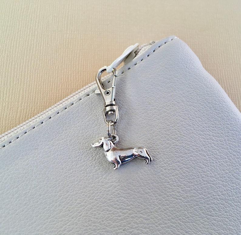 dog lovers gift Sausage dog zipper charm animal lovers gift for bag purse journal back pack diary keys silver tone dachshund zip pull