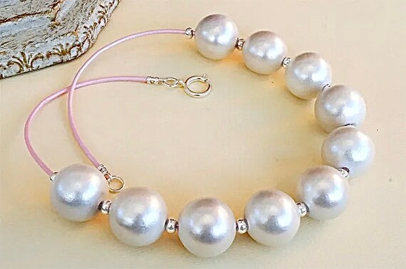 Chunky White Statement Necklace, White Pearl Finish Wood Bead