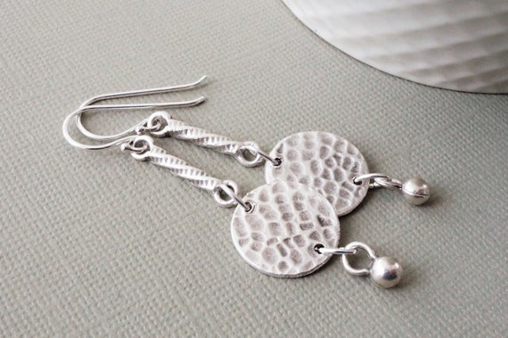 Hammered Matte Silver Disc Charm Earrings, Long Elegant Coin Charm