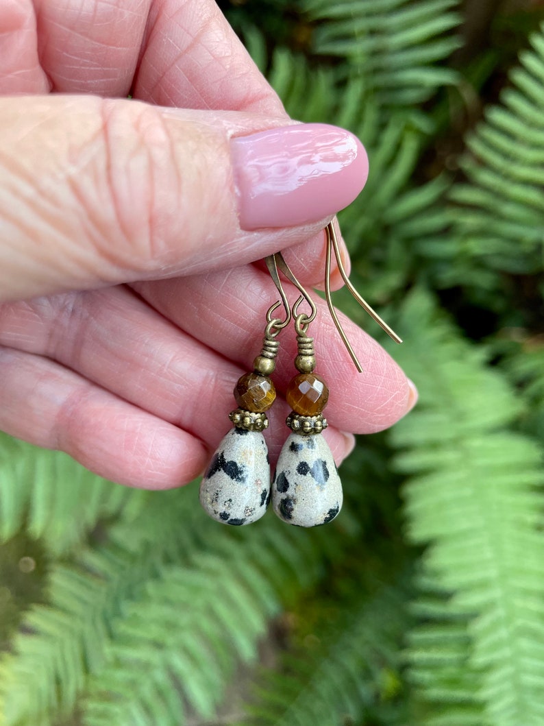 Dalmatian jasper earrings with antique bronze elements neutral earthy cream black brown earrings square jasper earrings