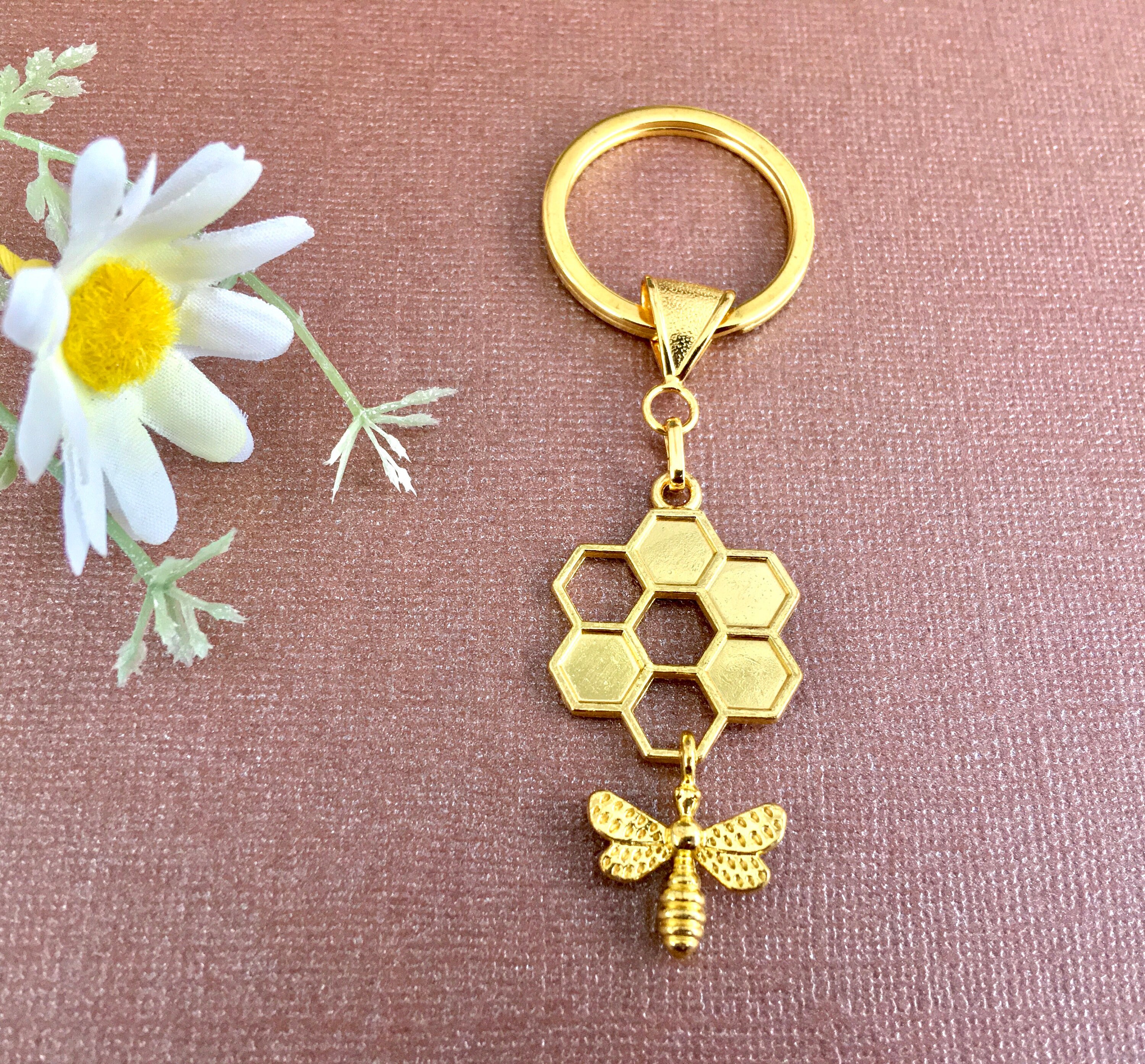 Honeycomb and Bee Gold Plated Key Ring, Honey Bee Keyring, Nature Key ...