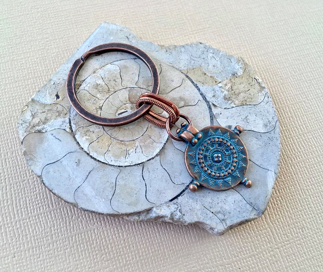 Antique Copper Verdigris Finish Keyring, Mandala Sun Design Patina ...