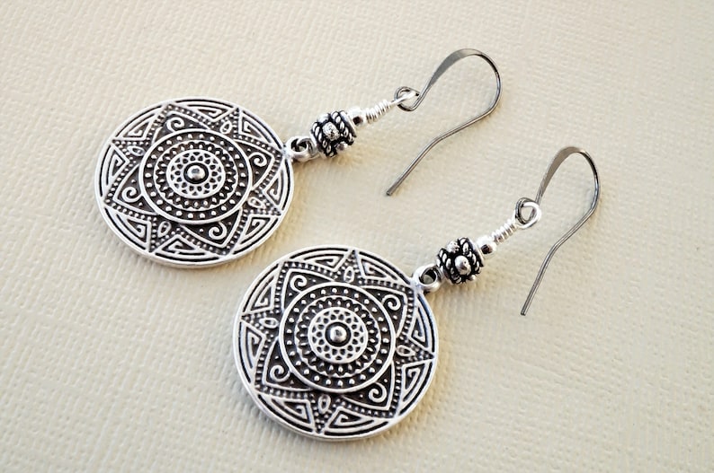 round silver shield earrings ethnic style earrings Tribal style silver earrings with choice of ear wires embossed coin charm earrings