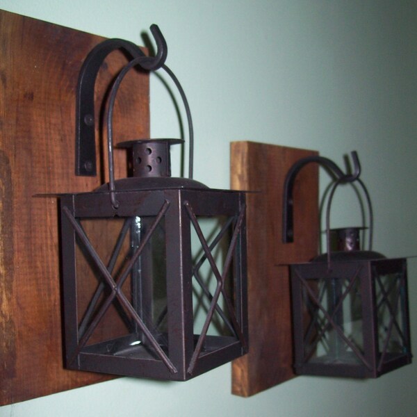 Hanging LANTERN SET Pair on Wood Board / Wrought iron hooks / Rustic lantern Home Decor Black lanterns Housewarming Gift Candle holder