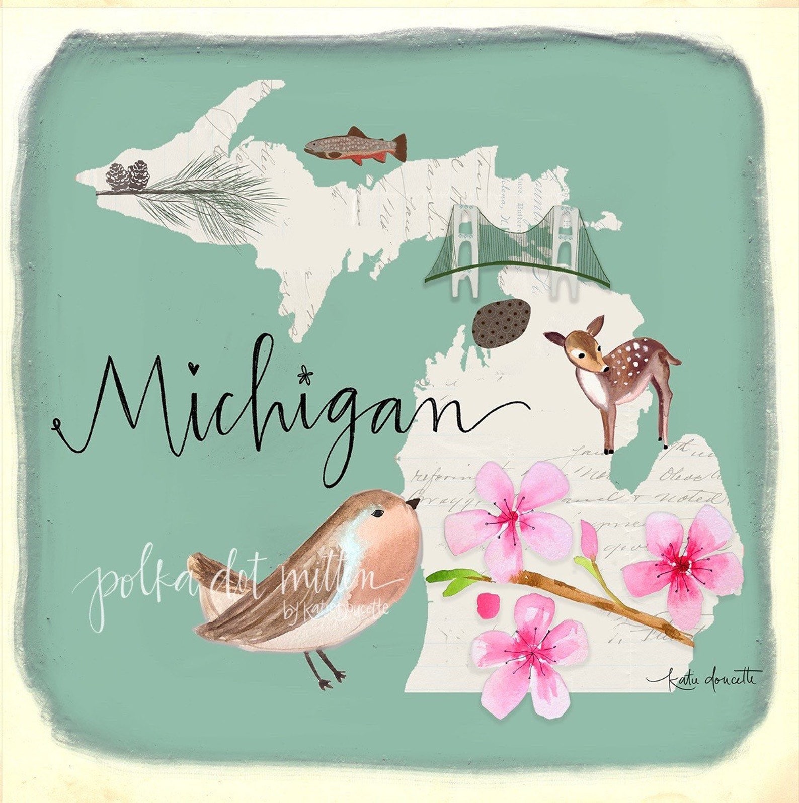 Michigan state symbols illustrated by katie doucette | Etsy