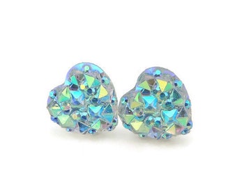 Sparkly Heart Resin Earrings, Titanium, Plastic or Clip On, 10mm