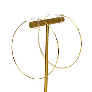 Créoles métalliques fines 60 mm en plastique pour oreilles sensibles aux métaux ou clip invisible pour oreilles non percées, couleur dorée ou argentée