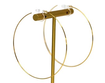 60mm Thin Wire Hoop Plastic Post Earrings for Metal Sensitive Ears, or Invisible Clip On for Non-Pierced Ears, Gold-Tone or Silver-Tone