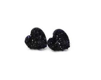 Dainty Faux Druzy Heart Earrings, Plastic Post, Implant Grade Titanium, Screw Back or Invisible Clip On Earrings, Your Choice Backs, 8mm