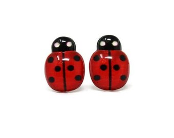 Ladybug Earrings, Plastic Post, Implant Grade Titanium, Screw Back or Invisible Clip On Earrings, Your Choice Backs, Red or Pink
