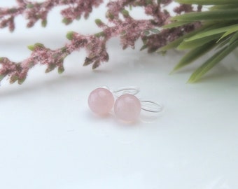 Boucles d'oreilles clip invisible quartz rose, pierre polie ronde rose pâle sur clips transparents pour oreilles non percées, cadeau Saint-Valentin