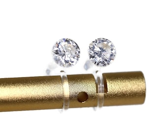 6mm Cubic Zirconia Earrings, Metal-Free Plastic Post, Invisible Clip-On