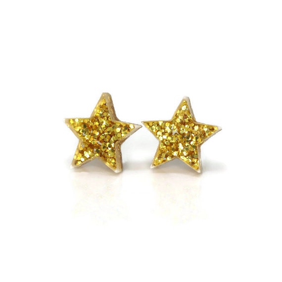 Gold Star Glitter Acrylic Earrings, Plastic Post, Implant Grade Titanium, Screw Back or Invisible Clip On Earrings, Your Choice Backs, 10mm