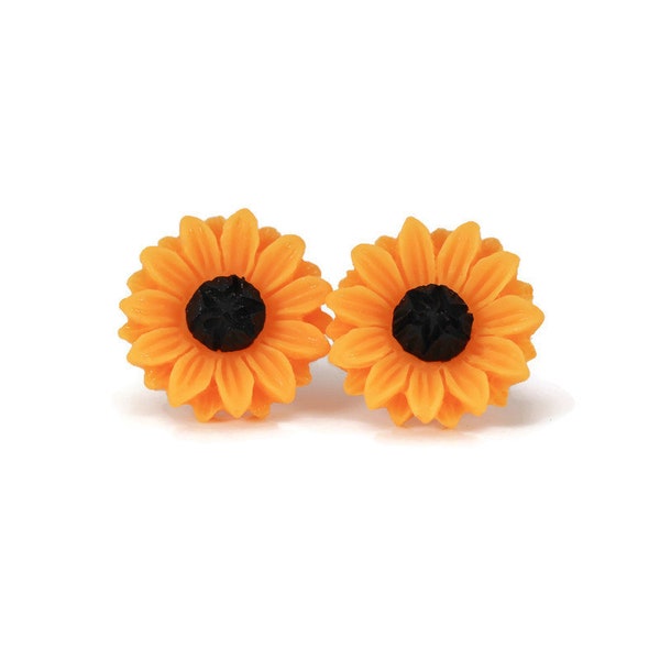 Plastic Post Sunflower Earrings 8mm or 15mm Flower Hypoallergenic for Sensitive Ears or Invisible Clip On Earrings for Non-Pierced Ears