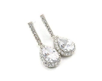 Pear Shaped Clear Glass Rhinestone Drop Invisible Clip On Earrings, Silver-Tone