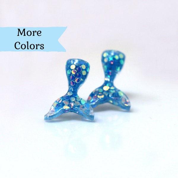 Mermaid Tail Earrings on Plastic Posts for Metal Sensitive Ears or Invisible Clip On Backs for Non-Pierced, Metal Free Studs, Iridescent