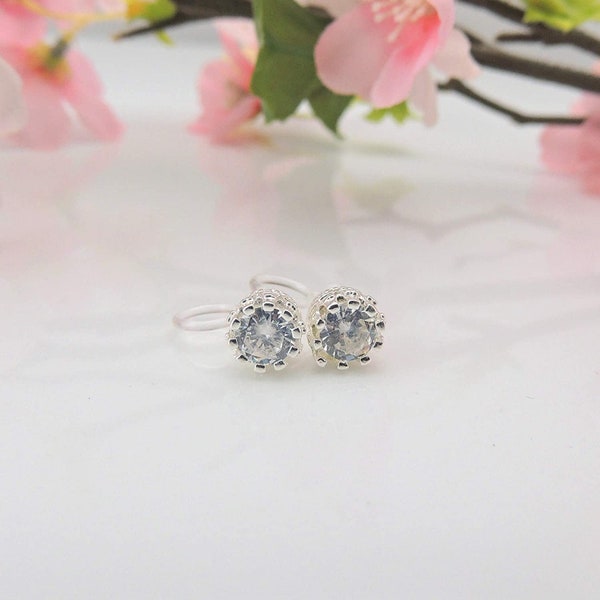 Invisible Clip On Clear 8mm Rhinestone Earrings for Non Pierced Ears, Silver-Tone Prong Setting