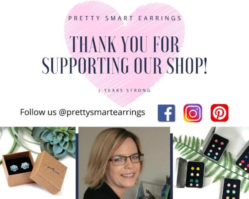 K&ouml;nnte beinhalten: Werbebild f&uuml;r Pretty Smart Earrings, mit einem rosa Herz-Grafik und dem Text "THANK YOU FOR SUPPORTING OUR SHOP!" und Social-Media-Icons. Das Bild enth&auml;lt auch ein Foto der Shop-Besitzerin und Beispiele f&uuml;r die Ohrringe.