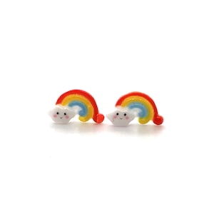 Dainty Rainbow Earrings, Plastic Post, Implant Grade Titanium, Screw Back or Invisible Clip On Earrings, Your Choice Backs, 7x10mm