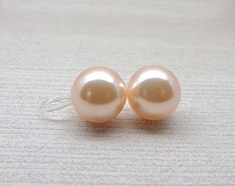 Light Pink Simulated Shell Pearl Clip On Earrings Invisible Clip On Non Pierced Ears 8mm or 10mm Round Pale Pink Bridal Wedding Clip On