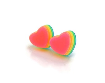 12mm Layered Rainbow Heart Earrings Plastic Post for Metal Sensitive Ears or Grade 23 Titanium Posts
