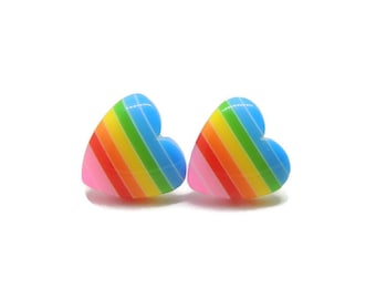 Metal Free Plastic Post Rainbow Heart Earrings for Sensitive Ears, Pretty Smart Nickle Free Hypoallergenic Stud Earrings