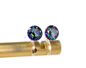 Cubic Zirconia Earrings on Metal Free Plastic Post or Invisible Clip On Round CZ Multi Color Earrings for Non Pierced Ears  6mm or 8mm