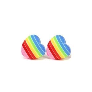 Rainbow Heart Earrings, Plastic Post, Implant Grade Titanium, Screw Back or Invisible Clip On Earrings, Your Choice Backs, 10mm