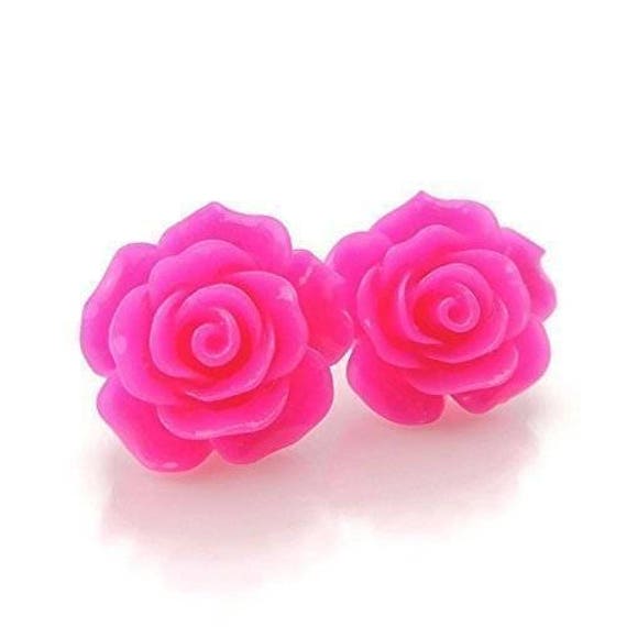 Plastic Post Large Bright Pink Rose Stud Earrings 20mm Roses | Etsy