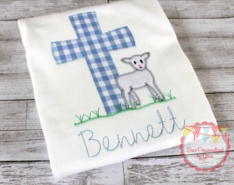 Boys Easter Shirt Cross with Lamb Monogrammed Appliqued and Personalized Shirt