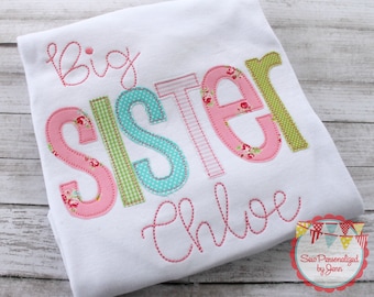 Girls Big Sister Shirt Appliqued Sibling Monogrammed Personalized Shirt