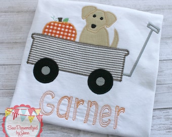 Boys Personalized  Fall Halloween Pumpkin Puppy Dog Wagon Shirt