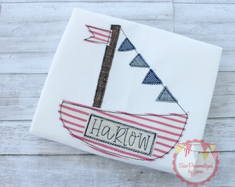 Girls Summer Sailboat Nautical Appliqued Personalized and Monogrammed Shirt