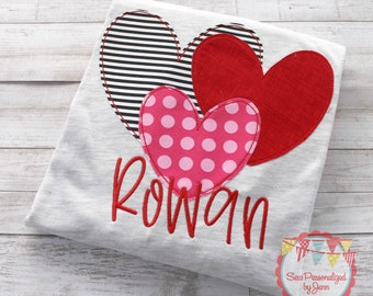 Girls Valentine Triple Hearts Personalized Applique Monogram Shirt
