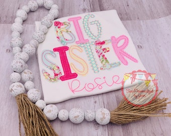 Girls Big Sister Shirt Appliqued Sibling Monogrammed Personalized Shirt