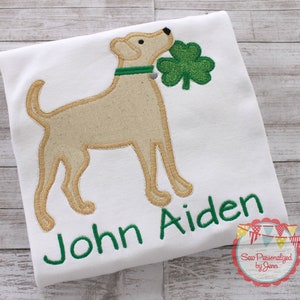 Boys St. Patrick&#39;s Shamrock Clover Dog Puppy Personalized Monogrammed Applique Shirt